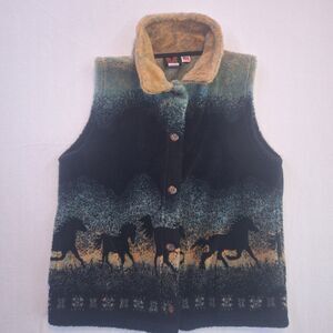 VTG Mazmania Horse Fleece Vest Blue Orange Landscape Nature Running Horses Large